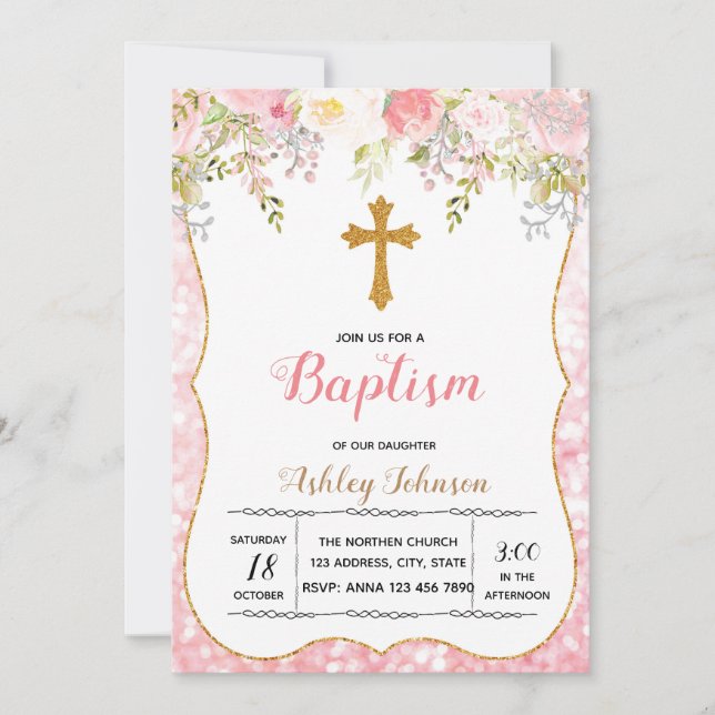 Blush flower glitter baptism party invitation (Front)