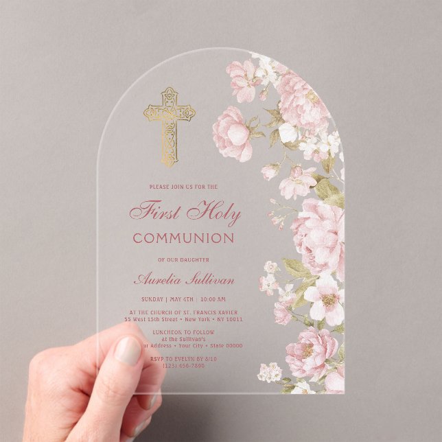 Blush Flowers Arch First Communion Acrylic Invitations (Insitu (Handheld))
