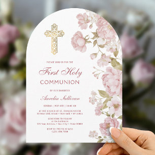 Blush Flowers Arch First Communion Invitation