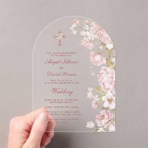 Blush Flowers Arch Religious Wedding Acrylic Invitations