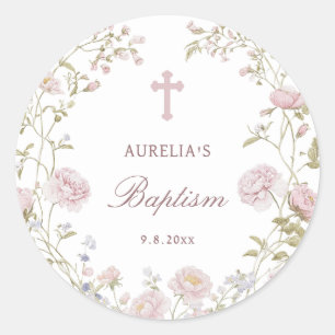 Blush Flowers Baptism Classic Round Sticker