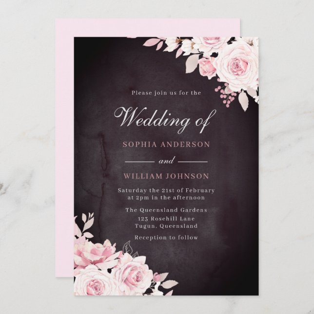 Blush Flowers & Burgundy Watercolor Wedding Invitation (Front/Back)