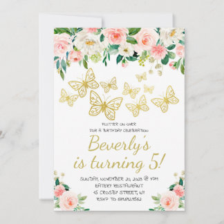 Blush Flowers Butterfly Girls Birthday Party Invitation
