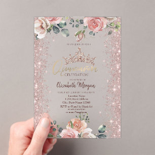 Blush Flowers Diamonds Rose Gold Quinceanera Acrylic Invitations