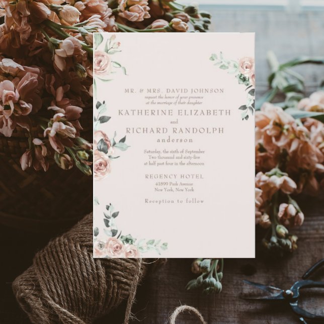 Blush Flowers Eucalyptus Blush Wedding Invitation (Creator Uploaded)