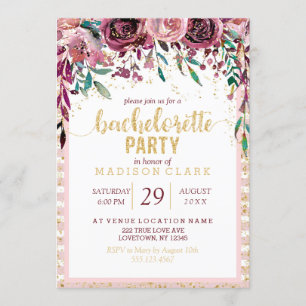 Blush Flowers Gold Bachelorette Party Invitation