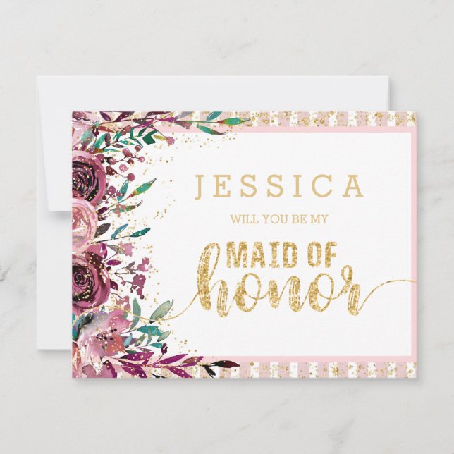 Blush Flowers Gold Will You Be My Maid of Honour Invitation (Front)