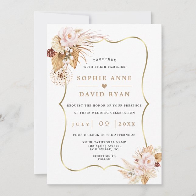 Blush Flowers Pampas Grass All In One Wedding Invitation (Front)