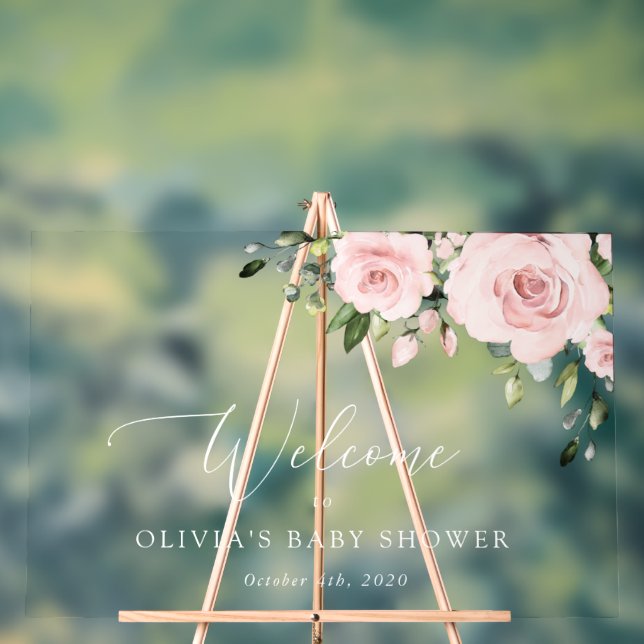 Blush Flowers, Pink Flowers, Baby Shower Welcome Acrylic Sign (Neutral)