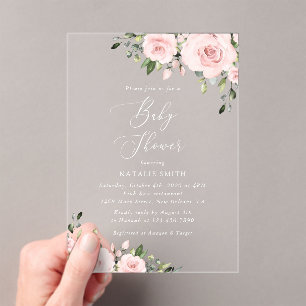 Blush Flowers, Pink Flowers, Boho, Baby Shower Acrylic Invitations