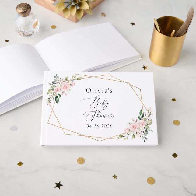 Blush Flowers, Pink Flowers, Boho, Baby Shower Guest Book (Front Open)