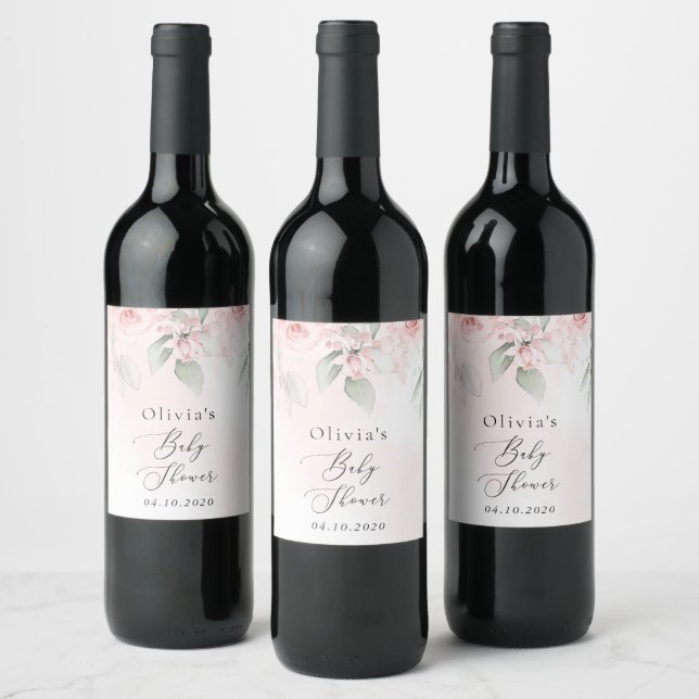 Blush Flowers, Pink Flowers, Boho, Baby Shower Wine Label (Bottles)