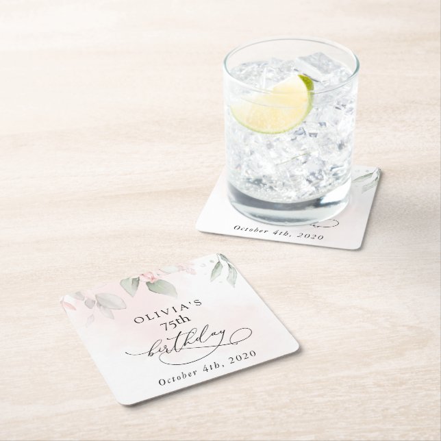 Blush Flowers, Pink Flowers, Boho, Birthday Square Paper Coaster (Insitu)