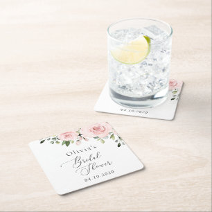 Blush Flowers, Pink Flowers, Boho, Bridal Shower Square Paper Coaster