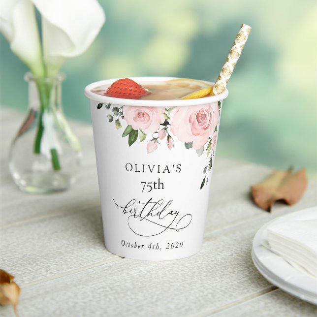 Blush Flowers, Pink Flowers, Greenery, Birthday Paper Cups (Insitu)