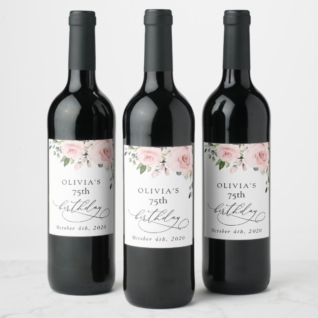 Blush Flowers, Pink Flowers, Greenery, Birthday Wine Label (Bottles)