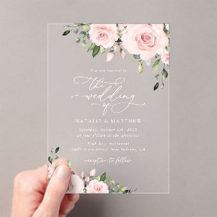 Blush Flowers, Pink Flowers, Greenery, Wedding Acrylic Invitations