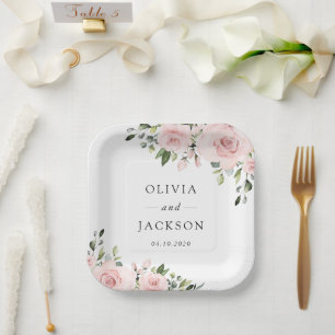Blush Flowers, Pink Flowers, Greenery, Wedding Paper Plate