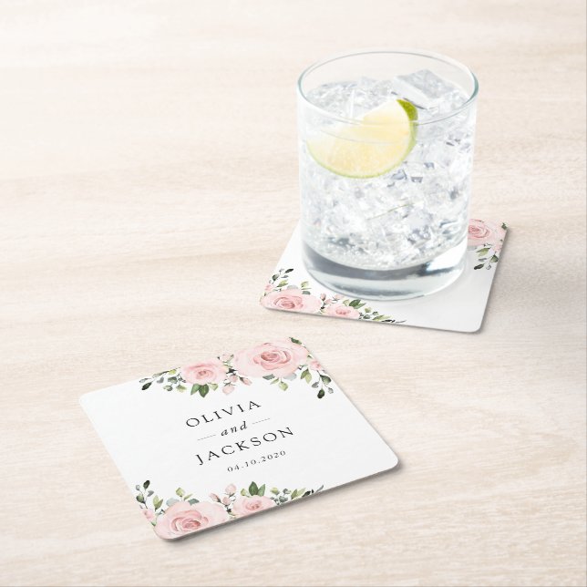 Blush Flowers, Pink Flowers, Greenery, Wedding Square Paper Coaster (Insitu)