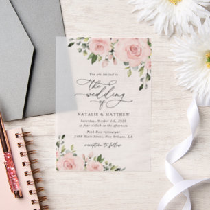 Blush Flowers, Pink Flowers, Greenery, Wedding Vellum Invitations