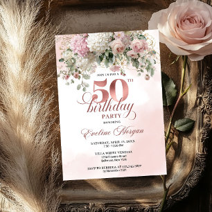 Blush Flowers Rose Gold Greenery 50th Birthday   Invitation