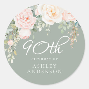 Blush Flowers & Sage Green 90th Birthday Party Classic Round Sticker