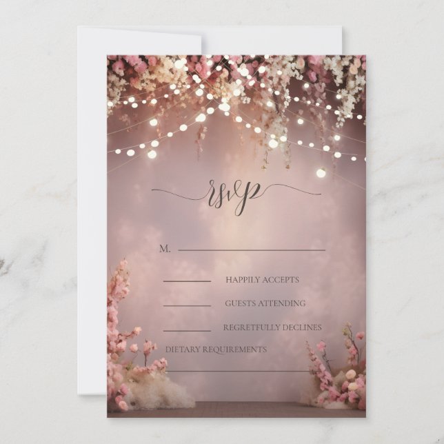 Blush Flowers String Lights Wedding RSVP   Invitation (Front)
