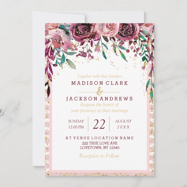 Blush Flowers Stripes & Gold Wedding Invitations (Front)