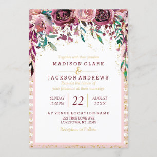 Blush Flowers Stripes & Gold Wedding Invitations