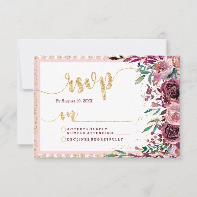 Blush Flowers Stripes & Gold Wedding RSVP Response (Front)