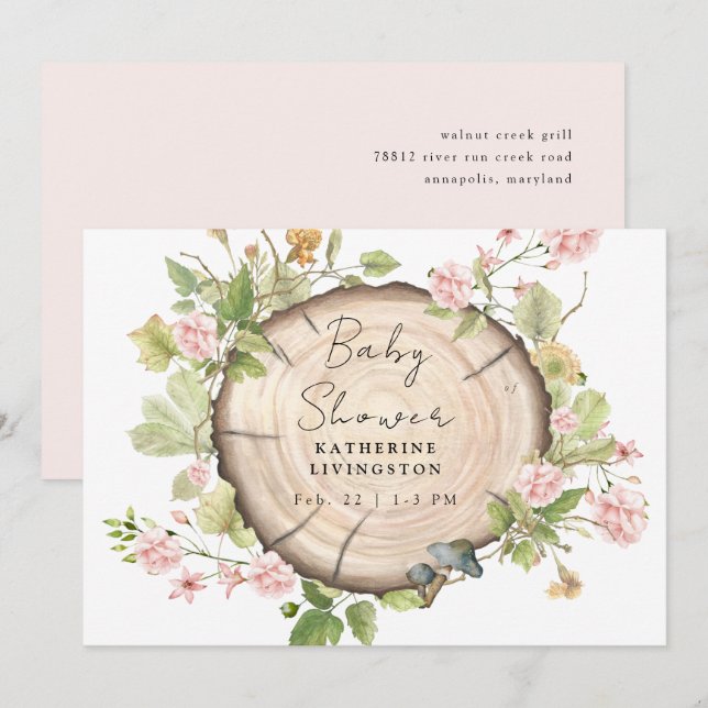 Blush Flowers Stump Baby Shower Invitation (Front/Back)