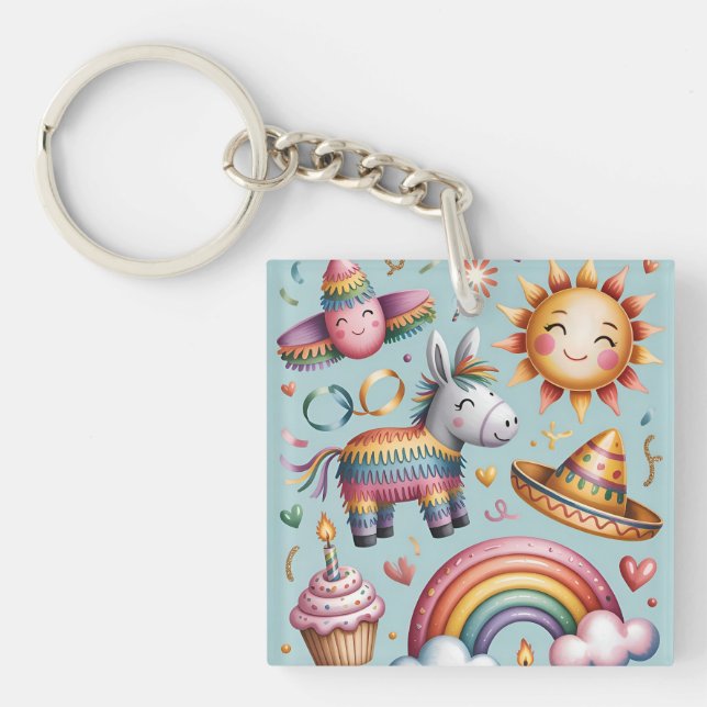 Blush Geometric Pattern Party Paper Plates Key Ring (Front)