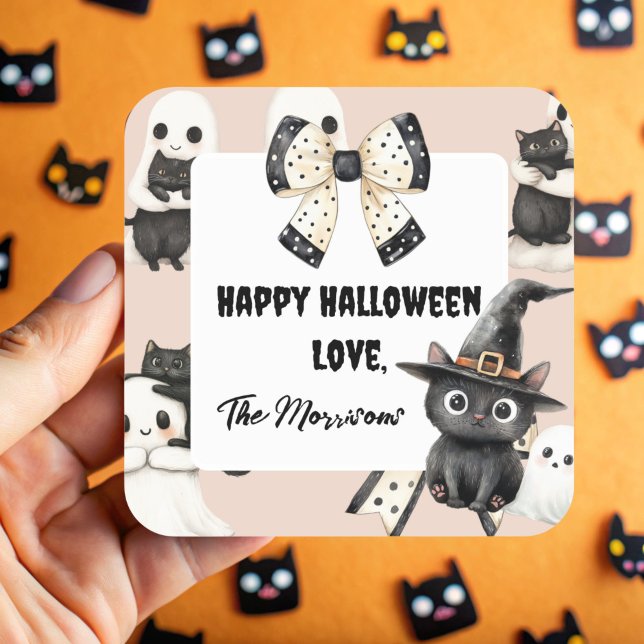 Blush Ghosts and Cats Halloween  Square Sticker (Pink Cats and Ghosts Square Sticker)