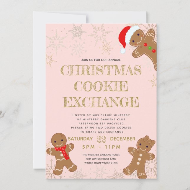 Blush Gingerbread Christmas Cookie Exchange Invitation (Front)
