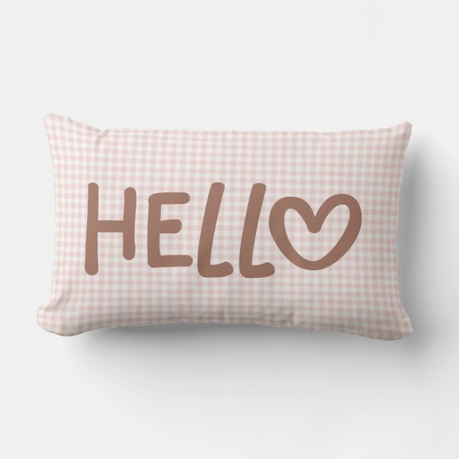Blush Gingham Mocha Whimsical Heart Hello Lumbar Cushion (Front)