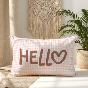 Blush Gingham Mocha Whimsical Heart Hello Lumbar Cushion