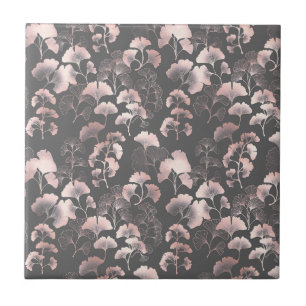 Blush Ginkgo Luxe – Gold Botanical on Black Tile