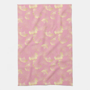 Blush Ginkgo Luxe – Gold Botanical on Pink (1) Tea Towel