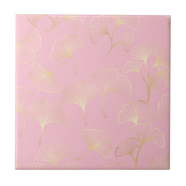 Blush Ginkgo Luxe – Gold Botanical on Pink (2) Tile (Front)