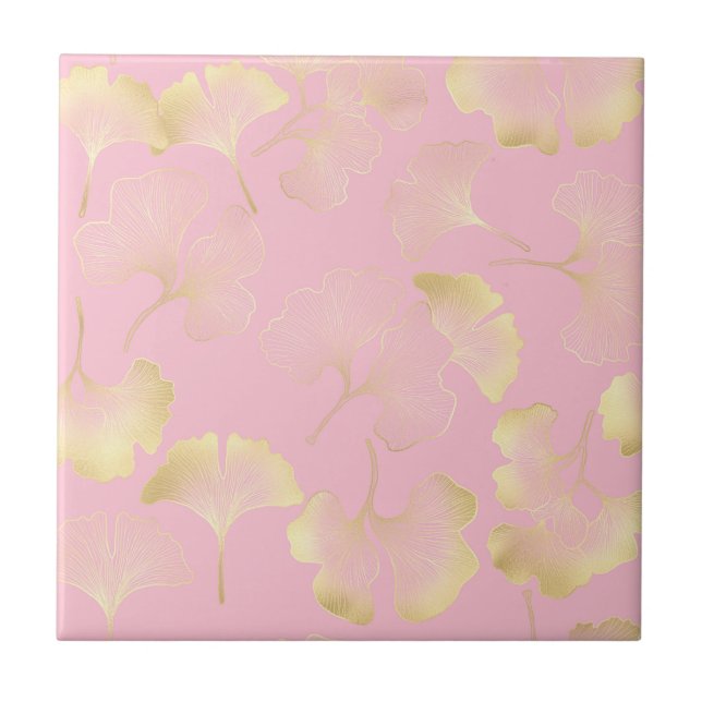 Blush Ginkgo Luxe – Gold Botanical on Pink (5) Tile (Front)