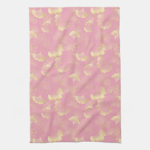 Blush Ginkgo Luxe – Gold Botanical on Pink Tea Towel