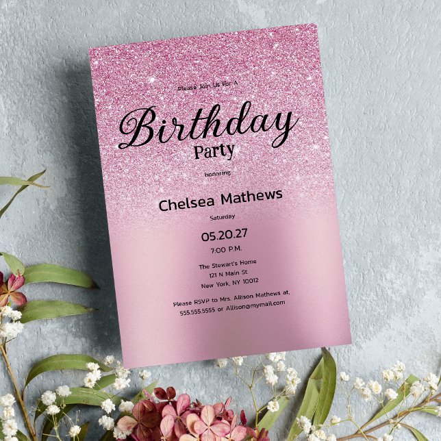 Blush girly pink gradient glitter Birthday Party Invitation (Blush girly pink gradient glitter Birthday Party )