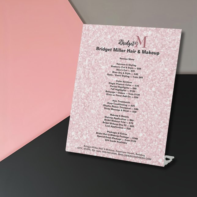 Blush Glitter Beauty salon monogram Price List  Pedestal Sign (Creator Uploaded)