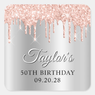 Blush Glitter Drips Silver Ombre Drop Shadow Square Sticker