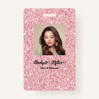 Blush Glitter hair salon elegant script photo ID Badge