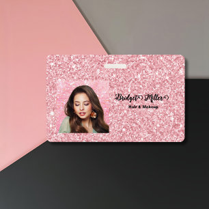 Blush Glitter hair salon elegant script photo ID Badge