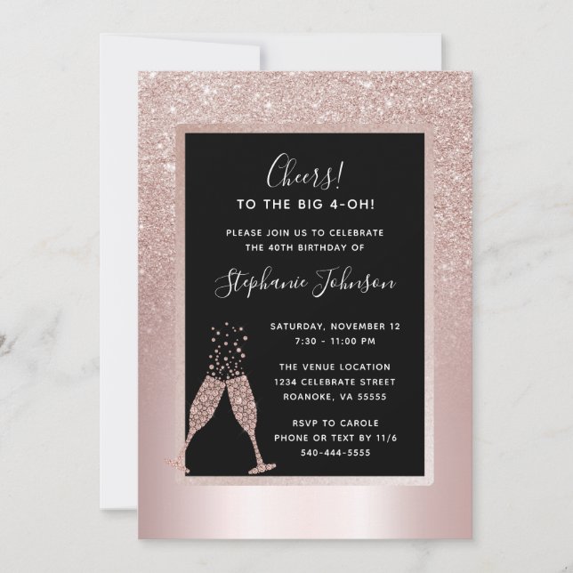 Blush Glitter Ombre 40th Birthday Party Invitation (Front)