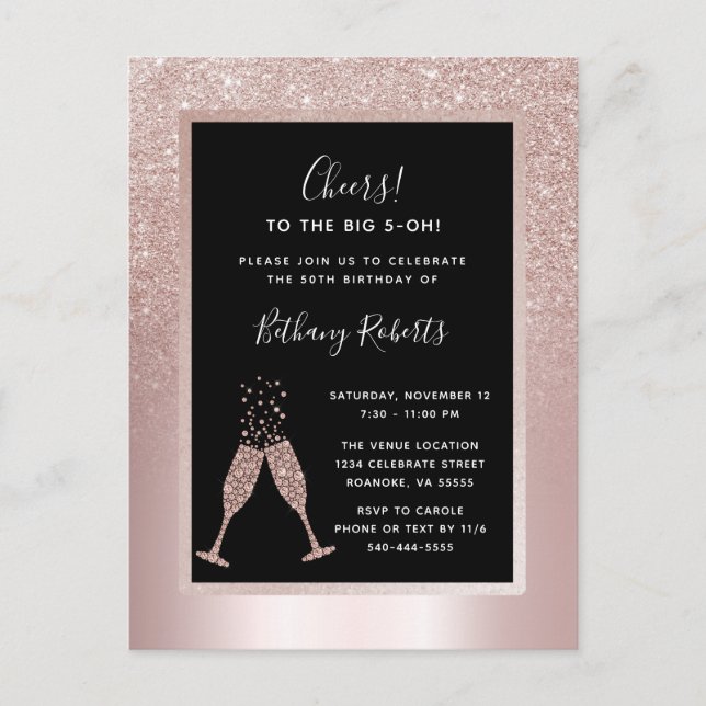 Blush Glitter Ombre 50th Birthday Party Invitation Postcard (Front)