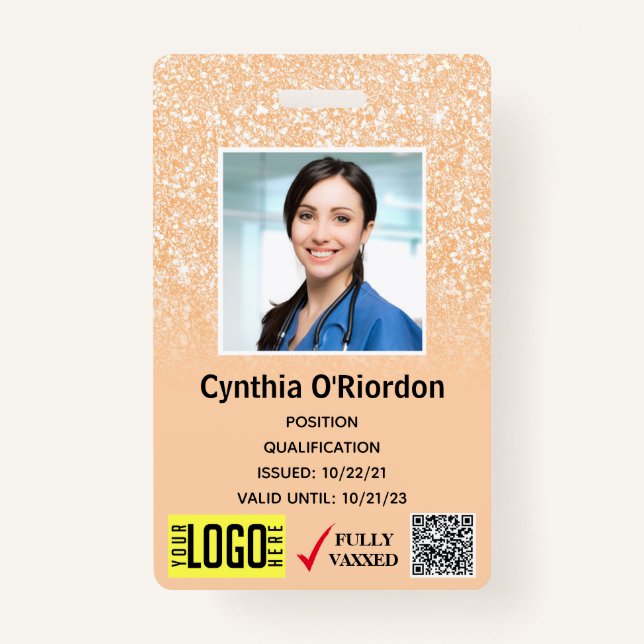 Blush Glitter Technician Photo ID QR Barcode Badge ID Badge (Front)