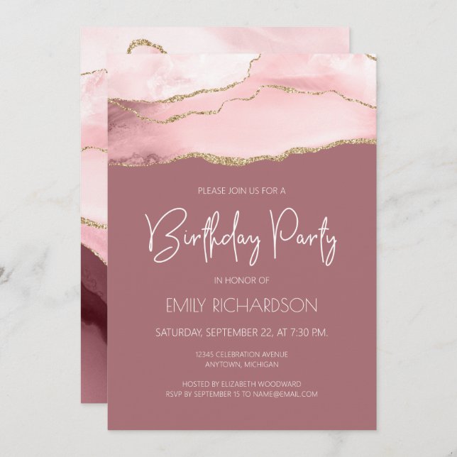 Blush Gold Agate Dusty Rose Any Year Birthday Invi Invitation (Front/Back)
